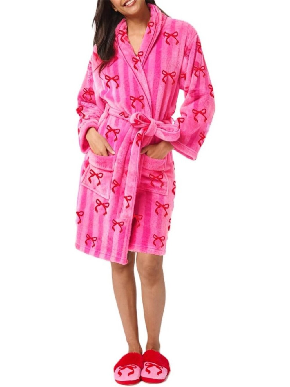 Cozy Valentine Plush Robe with Bow & Heart, Long Sleeve, Fuzzy Bathrobe